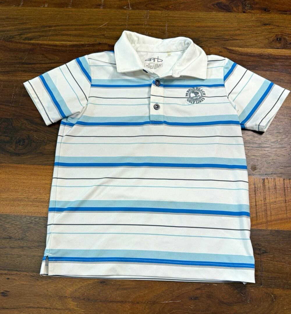 Garb Boys 4T White/Blue Striped Polo UPF 50+ Embroidered Pebble Beach